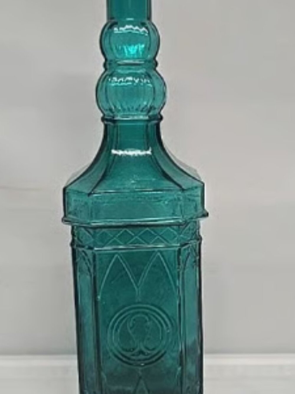 Teal Glass Apothecary Bottle, Decanter 12" Decorative Bottle, Embossed